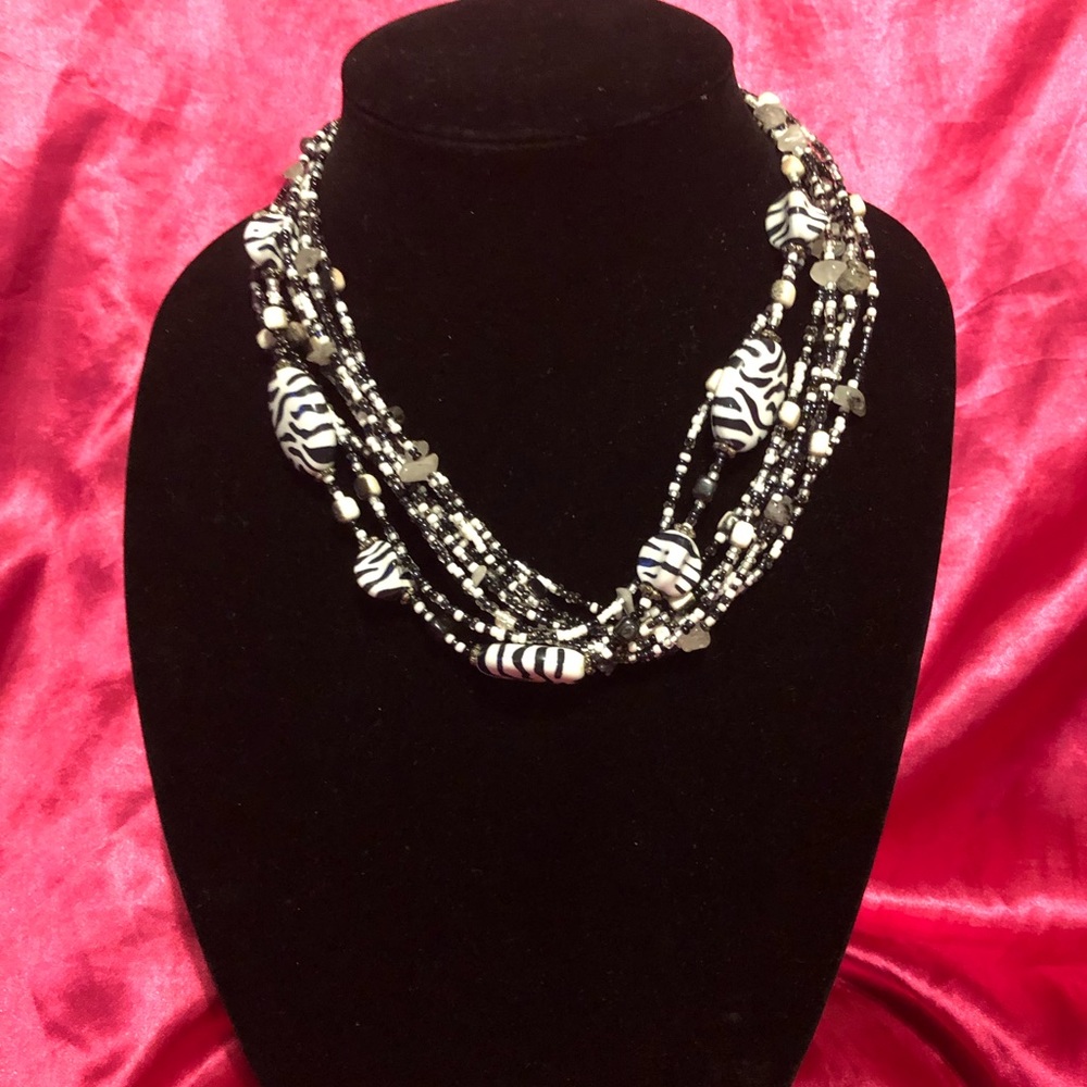 Zebra Print Necklace 9 Strands Beaded Black & White